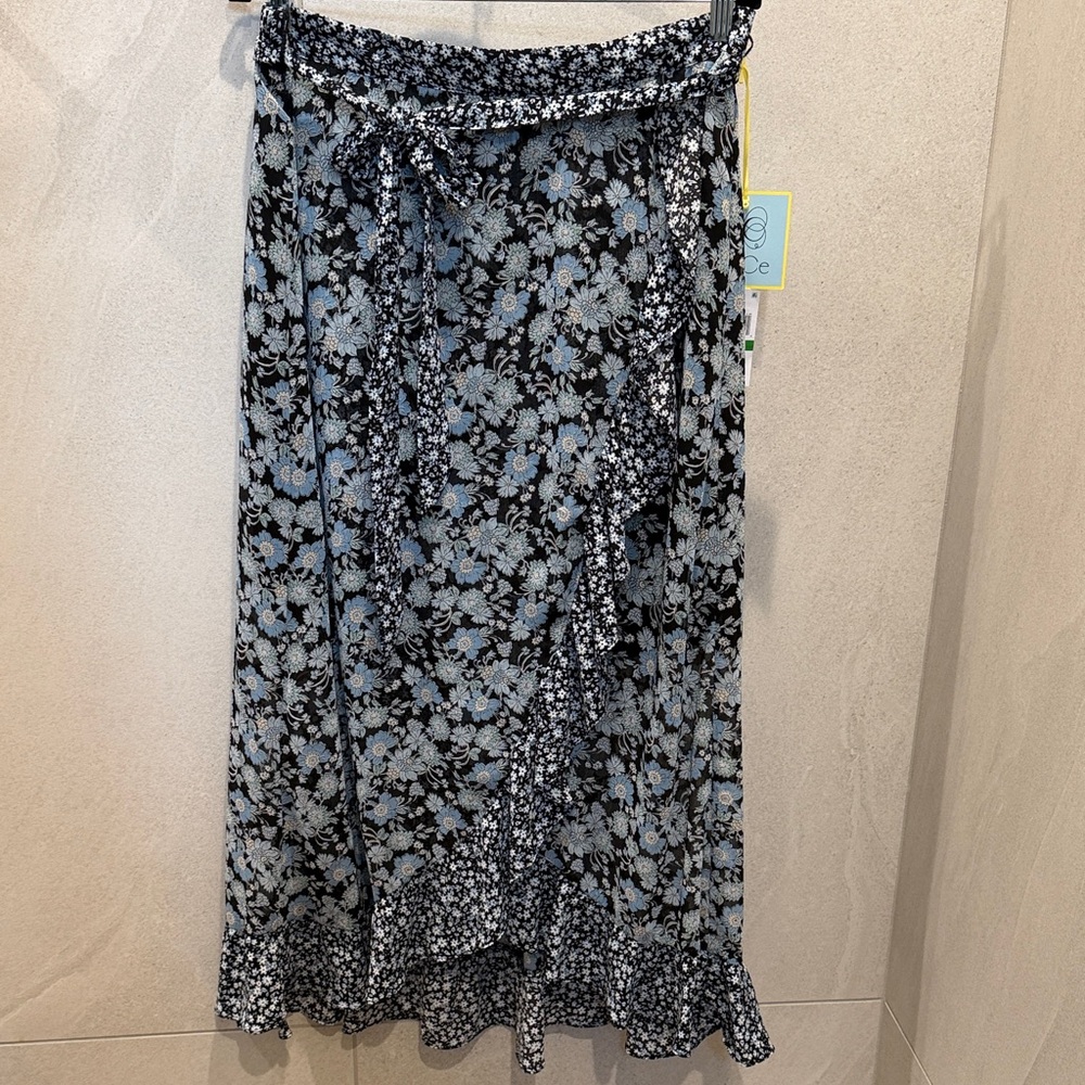 CeCe Floral Tie-Waist Midi Skirt in Black and Light Blue